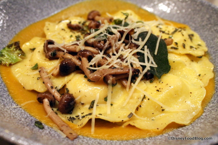Mushrooms topping the Four-Cheese Ravioli