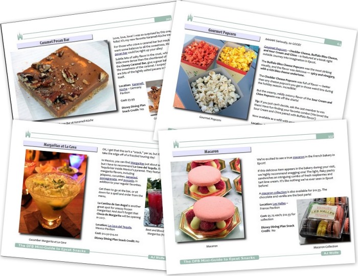 Samples pages from the DFB Guide to Epcot Snacks