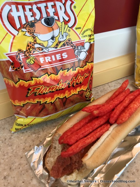 Angry Dog topped with Flamin' Hot Fries
