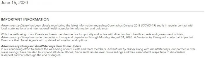 NEWS! Adventures by Disney Suspends ALL Departures Through the End of August 