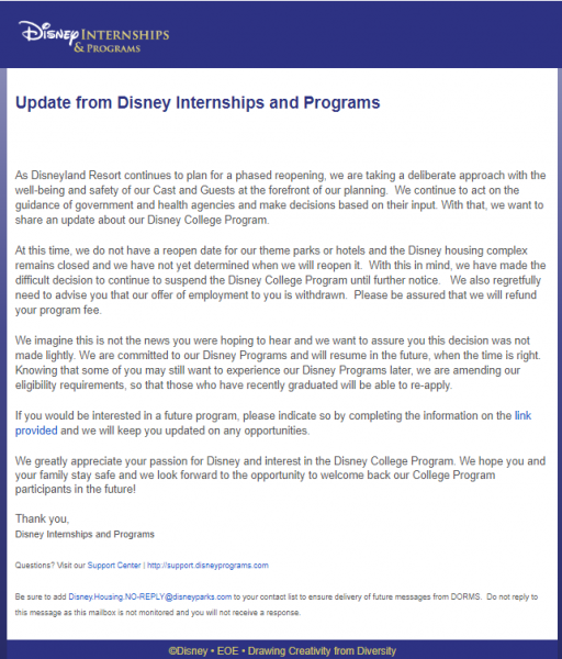 NEWS: Disney Cancels the 2020 Fall Disney College Program for Disney World and Disneyland 